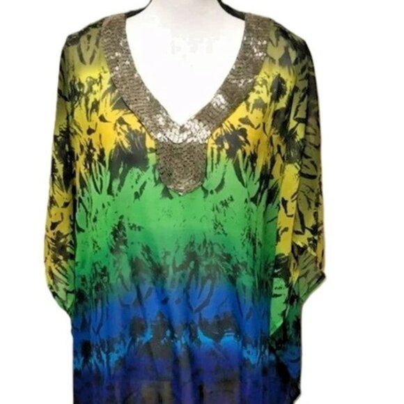 Joan Boyce Multi Color Chiffon Tunic V-Neck w/Silver Beaded Trim Missy NWT $99 - Picture 6 of 15